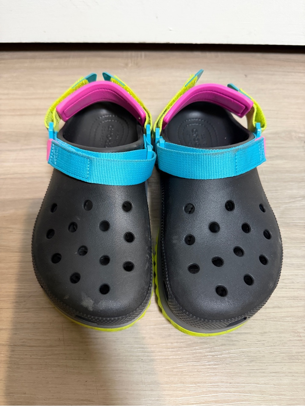 Crocs Classic Hiker Clogs in the Black/Blue/Yellow colorway